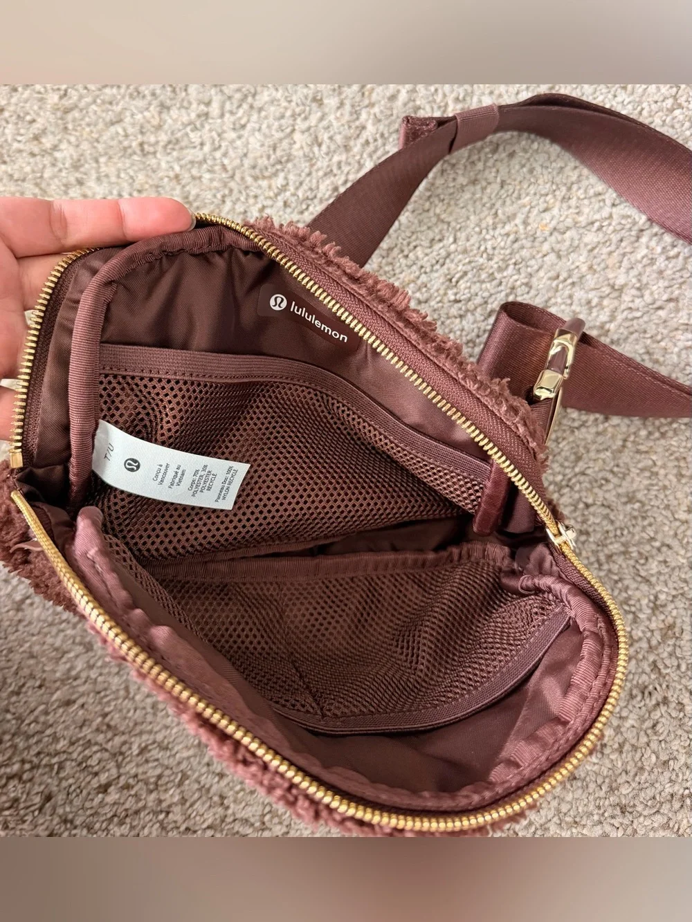 lululemon athletica Shearling Belt Bag in Deep Brown with Gold Hardware